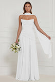 Strapless A Line Sage Ruched Long Bridesmaid Dress with Scarf