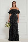 Off the Shoulder A Line Ruffled Sage Bridesmaid Dress