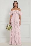 Off the Shoulder A Line Ruffled Sage Bridesmaid Dress