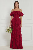 Off the Shoulder A Line Ruffled Sage Bridesmaid Dress