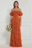Off the Shoulder A Line Ruffled Sage Bridesmaid Dress