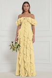 Off the Shoulder A Line Ruffled Sage Bridesmaid Dress