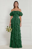 Off the Shoulder A Line Ruffled Sage Bridesmaid Dress