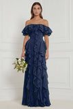 Off the Shoulder A Line Ruffled Sage Bridesmaid Dress