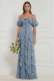 Off the Shoulder A Line Ruffled Sage Bridesmaid Dress
