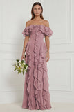 Off the Shoulder A Line Ruffled Sage Bridesmaid Dress