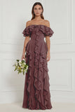Off the Shoulder A Line Ruffled Sage Bridesmaid Dress