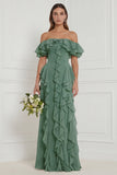 Off the Shoulder A Line Ruffled Sage Bridesmaid Dress