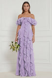 Off the Shoulder A Line Ruffled Sage Bridesmaid Dress