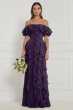 Off the Shoulder A Line Ruffled Sage Bridesmaid Dress