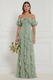 Off the Shoulder A Line Ruffled Sage Bridesmaid Dress