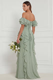 Off the Shoulder A Line Ruffled Sage Bridesmaid Dress
