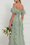 Off the Shoulder A Line Ruffled Sage Bridesmaid Dress