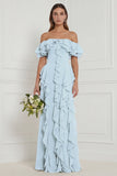 Off the Shoulder A Line Ruffled Sage Bridesmaid Dress