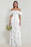 Off the Shoulder A Line Ruffled Sage Bridesmaid Dress
