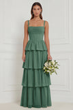 Sage A Line Tiered Ruffle Corset Long Bridesmaid Dress