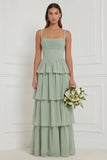 Sage A Line Tiered Ruffle Corset Long Bridesmaid Dress