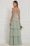 Sage A Line Tiered Ruffle Corset Long Bridesmaid Dress