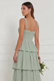 Sage A Line Tiered Ruffle Corset Long Bridesmaid Dress