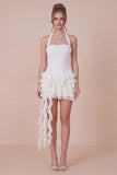 Halter Corset Tiered Ruffled White Graduation Dress with Side Streamer