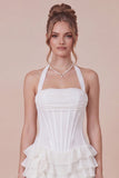 Halter Corset Tiered Ruffled White Graduation Dress with Side Streamer