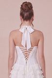 Halter Corset Tiered Ruffled White Graduation Dress with Side Streamer