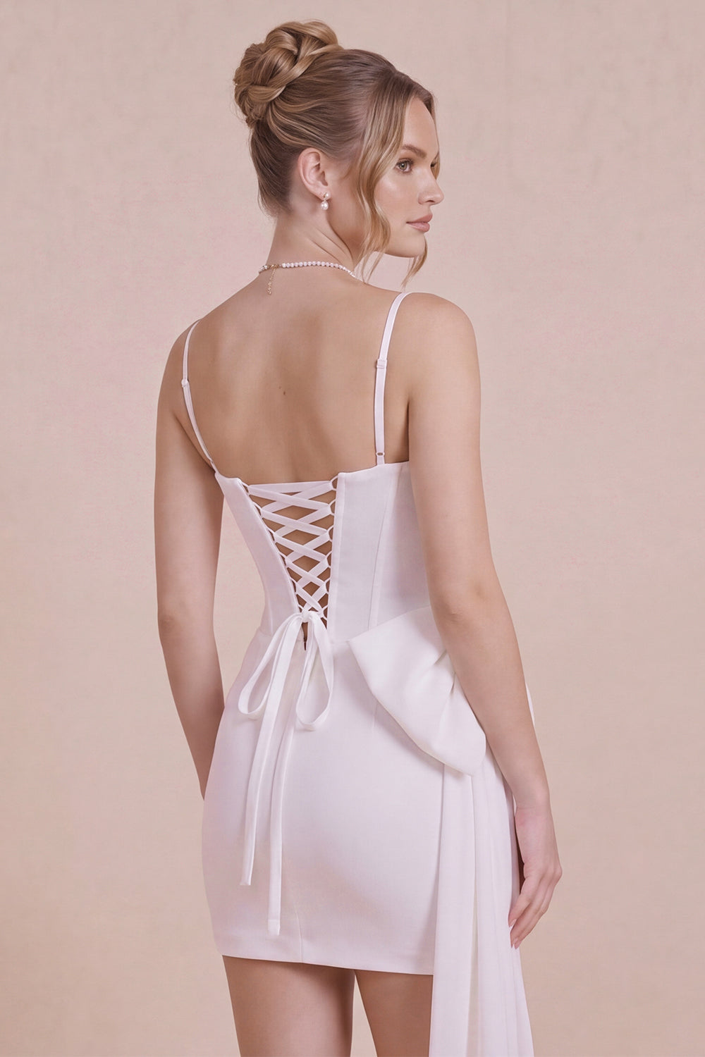 Wedtrend Women White Graduation Dress with Bow Spaghetti Straps Corset Ruffled Bodycon Ruched Mini Dress, White / US14