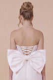 Strapless Basque Satin Bodycon White Graduation Dress with Bow