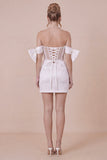 Satin Bodycon Off the Shoulder White Graduation Dress with Bows