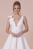 White A Line V-Neck Graduation Dress with Bow