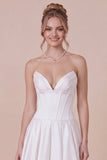White Satin A Line Corset Midi Dress with Lace-up Back