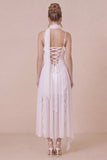 White Lace Ruffled Spaghetti Straps Engagement Dress with Scarf