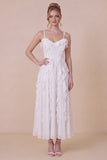 White Ruffled Spaghetti Straps A Line Midi Dress with Lace-up Back