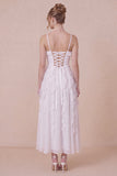 White Ruffled Spaghetti Straps A Line Midi Dress with Lace-up Back