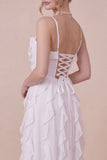 White Ruffled Spaghetti Straps A Line Midi Dress with Lace-up Back