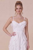 White Ruffled Spaghetti Straps A Line Midi Dress with Lace-up Back