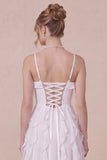 White Ruffled Spaghetti Straps A Line Midi Dress with Lace-up Back