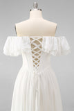 Off the Shoulder Corset White Ruffled Engagement Dress