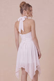 Ruffled Halter White Graduation Dress with Lace-up Back