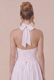 Ruffled Halter White Graduation Dress with Lace-up Back