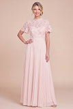 Blush Pink A Line Lace High Neck Pleated Mother of the Bride Dress with Sleeves
