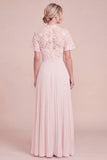 Blush Pink A Line Lace High Neck Pleated Mother of the Bride Dress with Sleeves