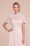 Blush Pink A Line Lace High Neck Pleated Mother of the Bride Dress with Sleeves