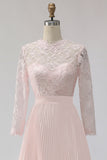 Blush Pink A Line Lace High Neck Pleated Mother of the Bride Dress with Sleeves