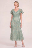 Green Sequin Mermaid Appliqued Midi Mother of the Bride Dress