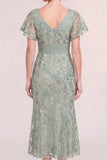 Green Sequin Mermaid Appliqued Midi Mother of the Bride Dress