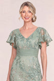 Green Sequin Mermaid Appliqued Midi Mother of the Bride Dress