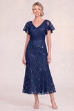 Green Sequin Mermaid Appliqued Midi Mother of the Bride Dress
