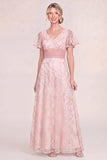 Light Blue A Line Sequin Mother of the Bride Dress with Short Sleeves