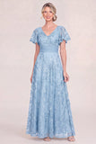 Light Blue A Line Sequin Mother of the Bride Dress with Short Sleeves